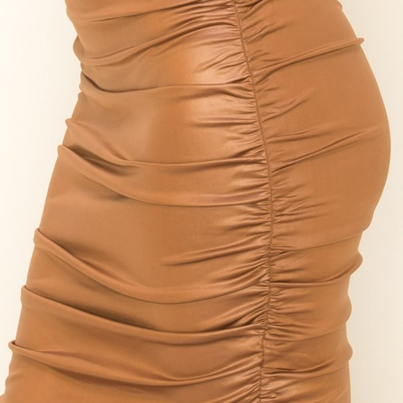 RELISTED Ruched Into It Brown Bodycon Skirt Knee Legth Midi - Picture 3 of 5